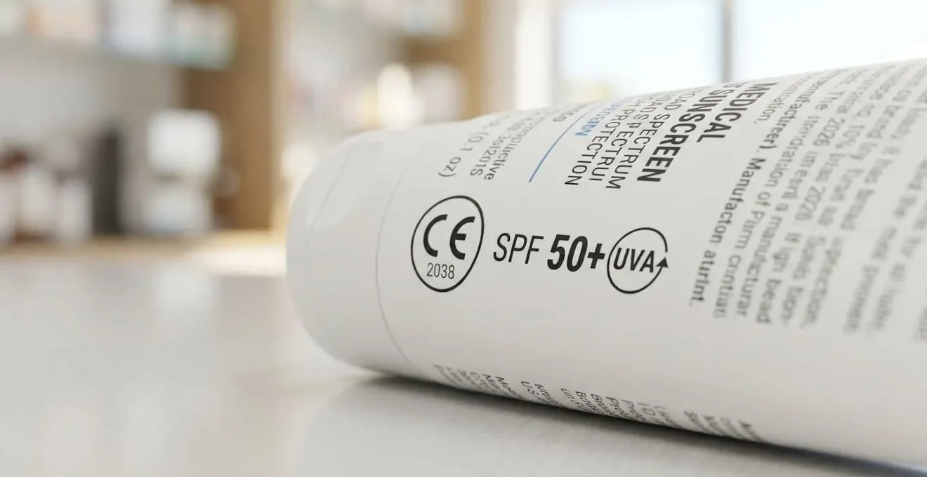 Extreme close-up macro photograph of CE marking and SPF 50+ label on a medical sunscreen bottle against a clean white pharmacy surface