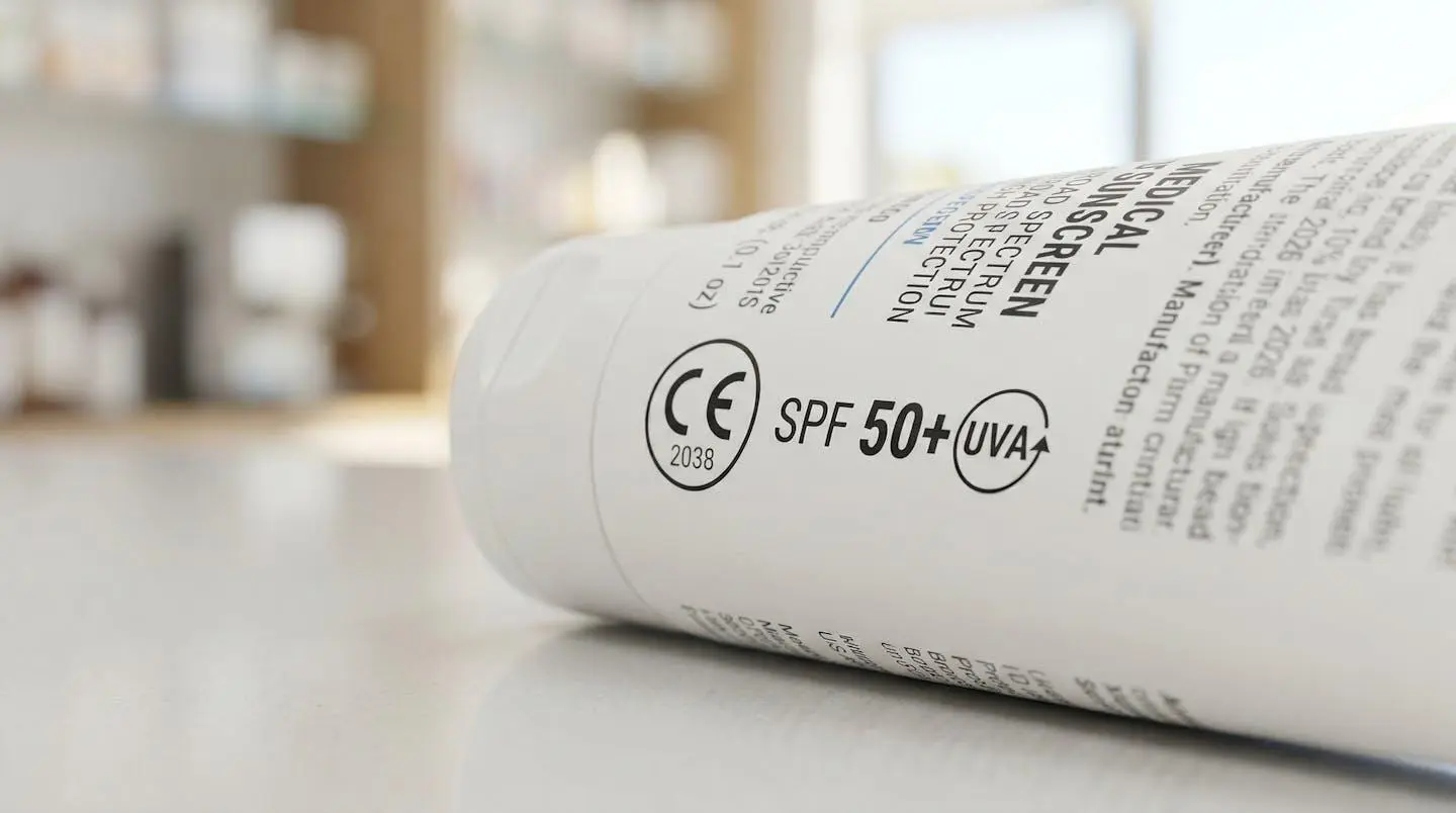 Extreme close-up macro photograph of CE marking and SPF 50+ label on a medical sunscreen bottle against a clean white pharmacy surface