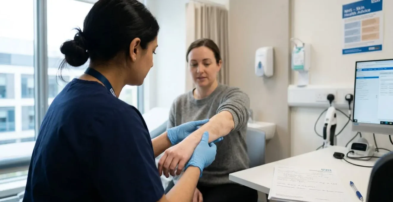 A dermatologist's gloved hands gently examining a patient's forearm during a clinical consultation in a bright modern NHS examination room
