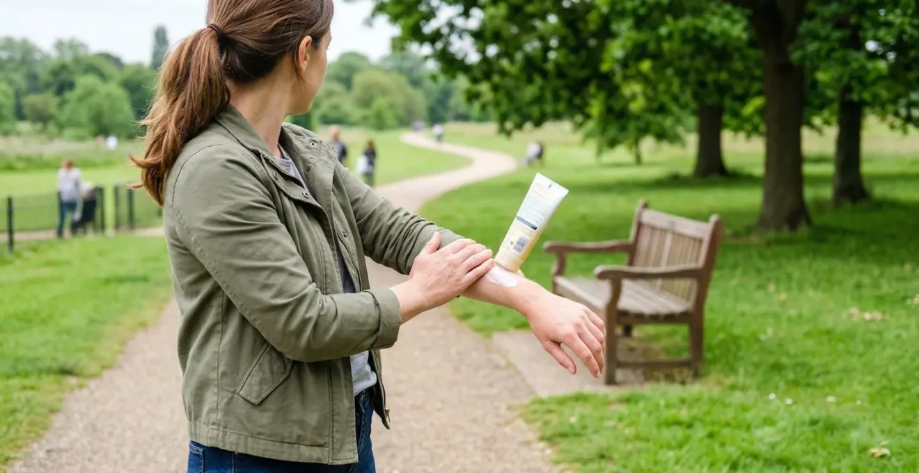 A person viewed from behind applying white sunscreen cream to their forearm in a green British park on an overcast day, wearing casual modern clothing